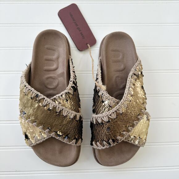 MOU Gold Sequin Criss-Cross Bio Sandals Slide Flat Comfort Shoes Size 38 NWT Box - Picture 1 of 10